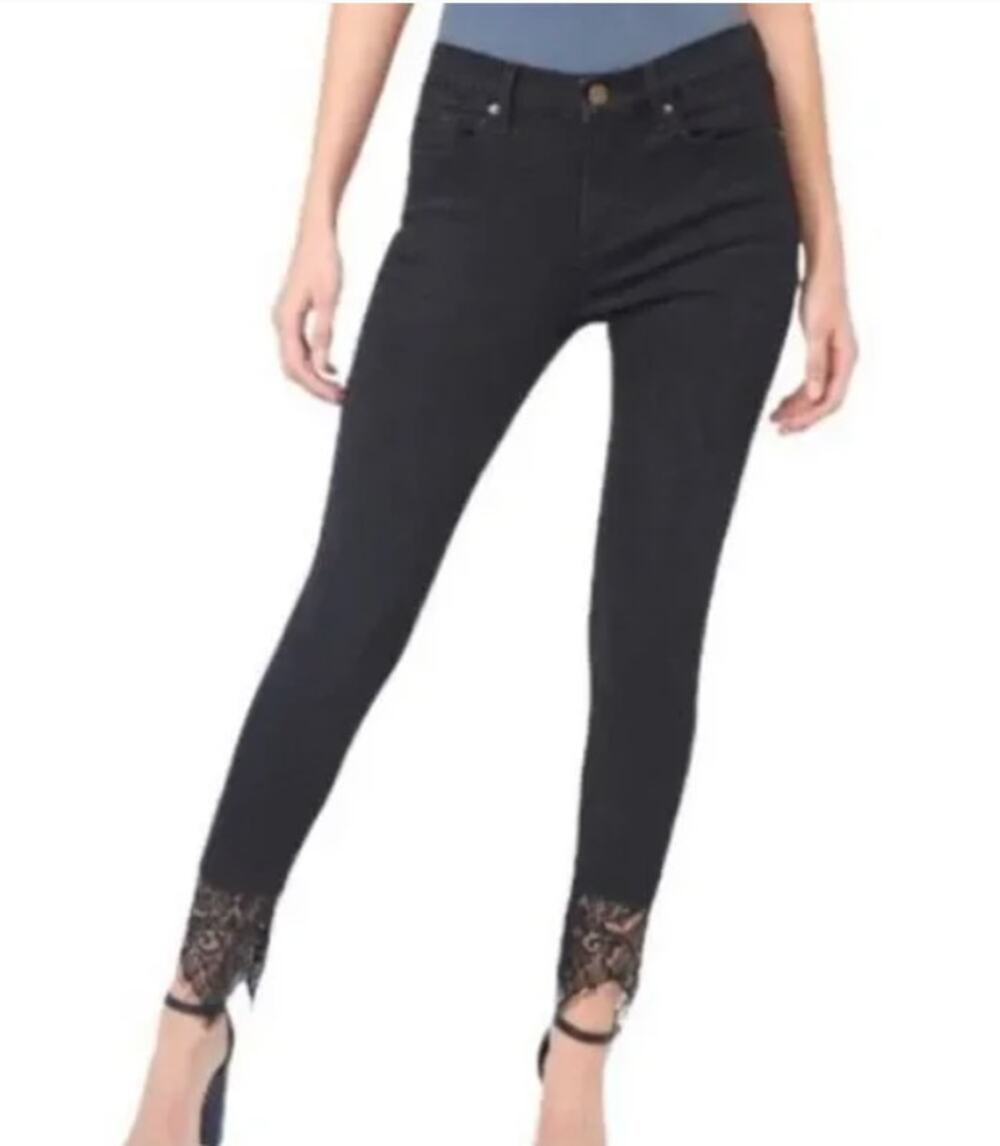 Driftwood Jackie Lace Hem Black Skinny High Rise Stretch Jeans Women's Size 28